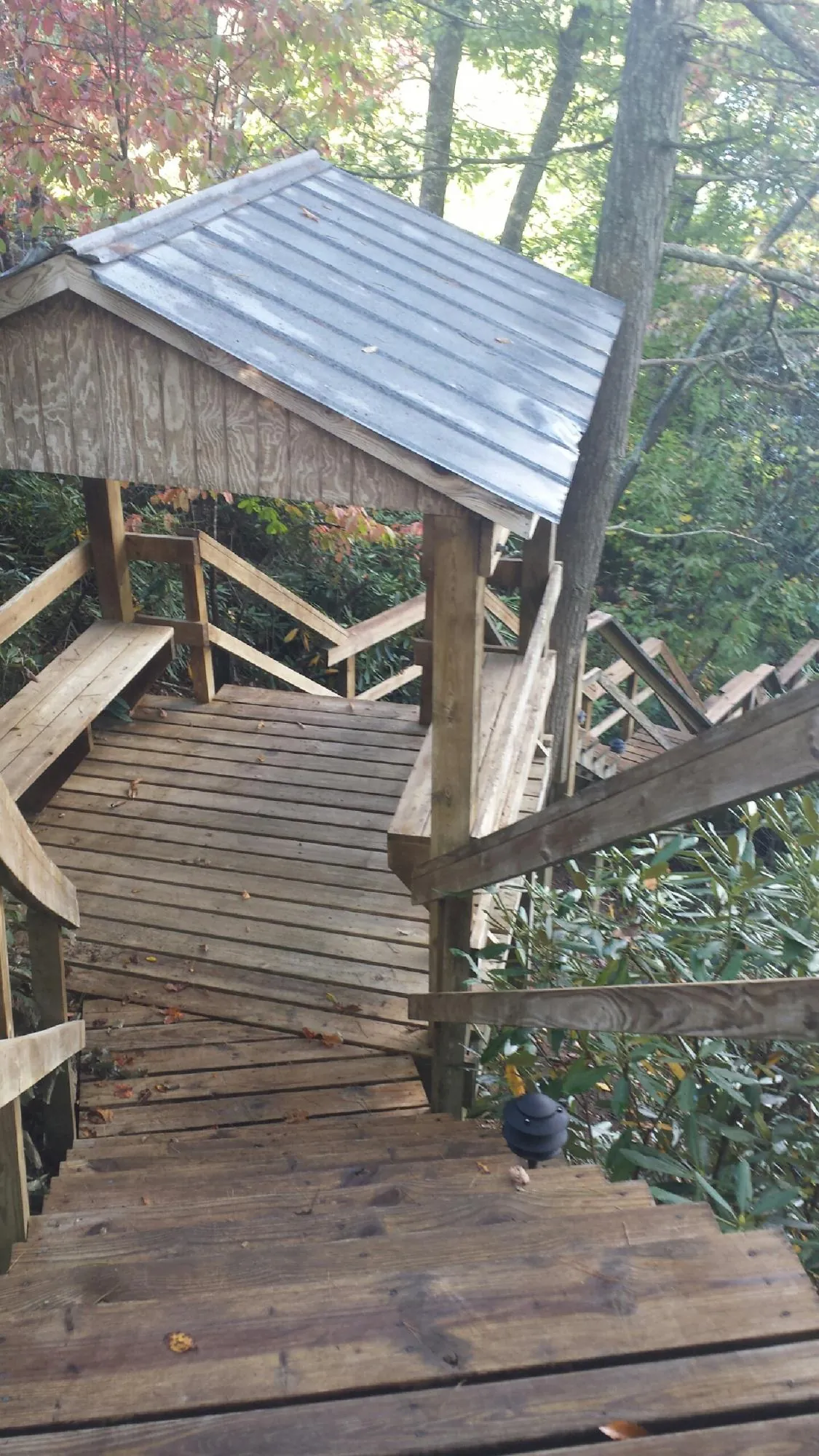 Metal roofed shelter over wooden steps on a wooded walkway — Skylight Repair & Installation work by our crew in Saint Martinville